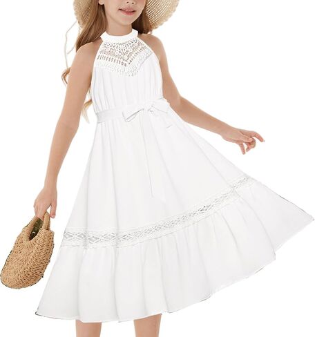 GRACE KARIN Girls Dresses Summer Spring Halter Maxi Dress Kids Ruffle Casual Flower Pleated Sun Dress Size 5-14 in Saudi Arabia