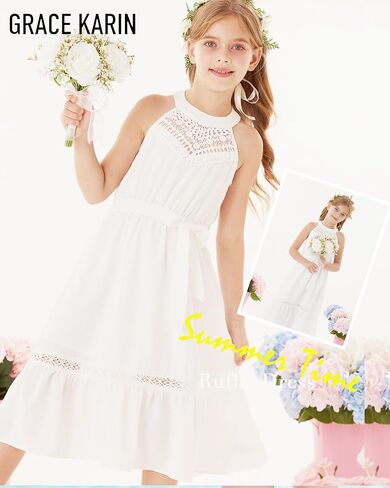 GRACE KARIN Girls Dresses Summer Spring Halter Maxi Dress Kids Ruffle Casual Flower Pleated Sun Dress Size 5-14 in Saudi Arabia