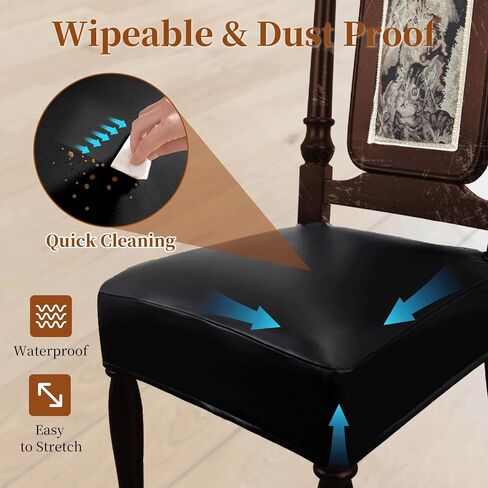 Leather Seat Covers for Dining Room Chairs Set of 4, Waterproof Kitchen Chair Seat Protector Slipcovers Made of 4-Way High Stretch PU Leather and Rear Covers Design (Black 4 Pcs) in Saudi Arabia