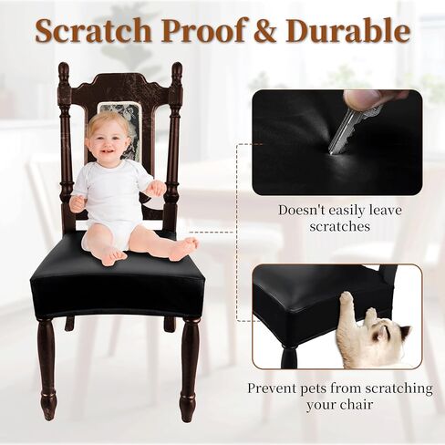 Leather Seat Covers for Dining Room Chairs Set of 4, Waterproof Kitchen Chair Seat Protector Slipcovers Made of 4-Way High Stretch PU Leather and Rear Covers Design (Black 4 Pcs) in Saudi Arabia