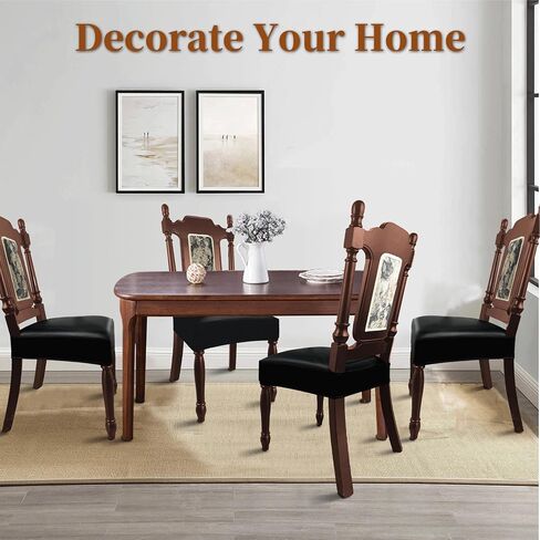 Leather Seat Covers for Dining Room Chairs Set of 4, Waterproof Kitchen Chair Seat Protector Slipcovers Made of 4-Way High Stretch PU Leather and Rear Covers Design (Black 4 Pcs) in Saudi Arabia