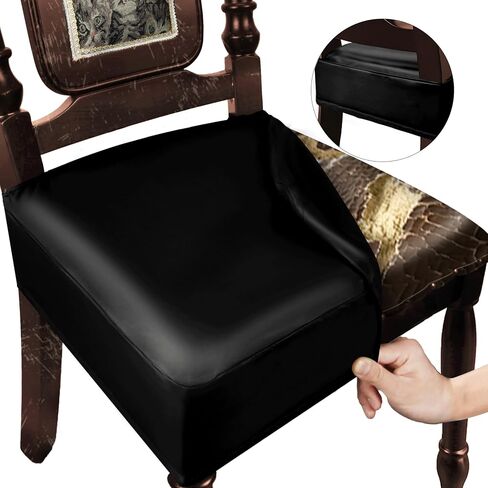 Leather Seat Covers for Dining Room Chairs Set of 4, Waterproof Kitchen Chair Seat Protector Slipcovers Made of 4-Way High Stretch PU Leather and Rear Covers Design (Black 4 Pcs) in Saudi Arabia