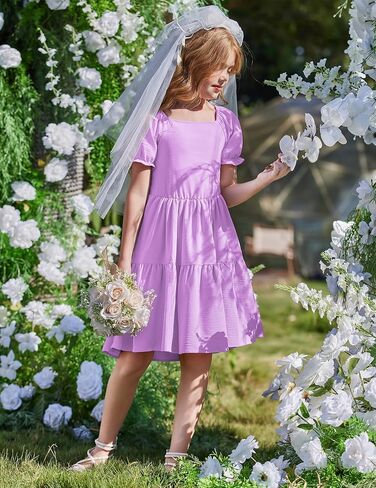 Arshiner Girls Summer Dress Bud Back Short Square Square Neck Tiered Midi Dresses مع جيوب in Saudi Arabia