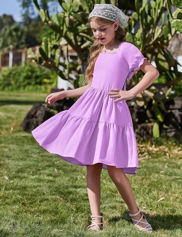 Arshiner Girls Summer Dress Bud Back Short Square Square Neck Tiered Midi Dresses مع جيوب in Saudi Arabia