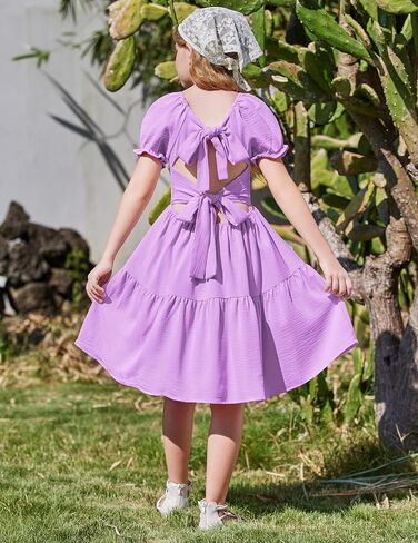 Arshiner Girls Summer Dress Bud Back Short Square Square Neck Tiered Midi Dresses مع جيوب in Saudi Arabia
