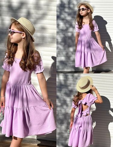 Arshiner Girls Summer Dress Bud Back Short Square Square Neck Tiered Midi Dresses مع جيوب in Saudi Arabia