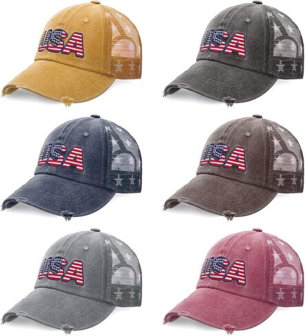 Tarpop 6 Pcs American Flag Baseball Cap Tactical USA Flag Hats Adjustable Washed Us Flag Cap for Men Women in Kuwait
