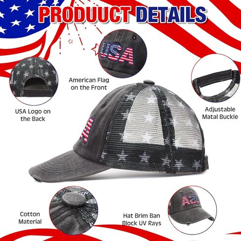 Tarpop 6 Pcs American Flag Baseball Cap Tactical USA Flag Hats Adjustable Washed Us Flag Cap for Men Women in Kuwait