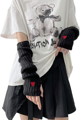 POHADON Women's Y2k Long Fingerless Gloves Cute Heart Arm Warmers Fall Winter Thumb Hole Mittens Harajuku Accessories in Saudi Arabia