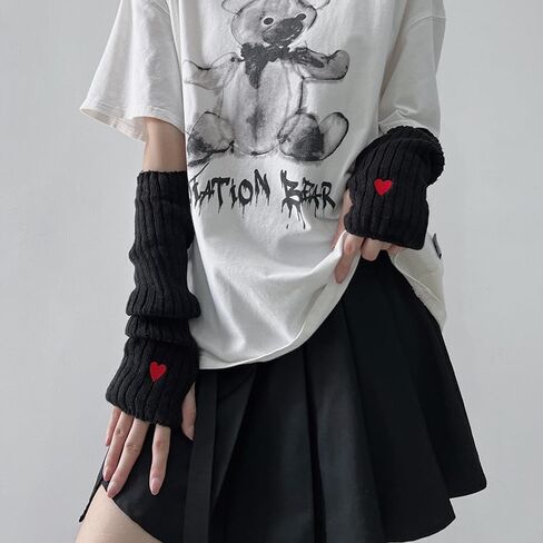 POHADON Women's Y2k Long Fingerless Gloves Cute Heart Arm Warmers Fall Winter Thumb Hole Mittens Harajuku Accessories in Saudi Arabia