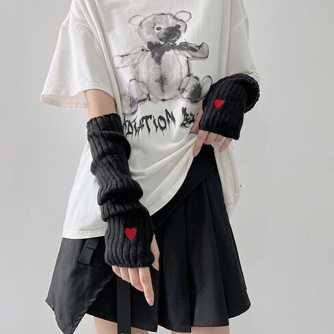 POHADON Women's Y2k Long Fingerless Gloves Cute Heart Arm Warmers Fall Winter Thumb Hole Mittens Harajuku Accessories in Saudi Arabia