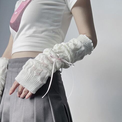 Y2K Knitted Arm Warmers for Women Teen Girls Japanese Kawaii Bow Dec Arm Sleeves Harajuke Lolita Fingerless Gloves in Saudi Arabia