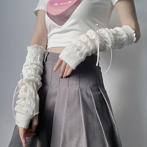 Y2K Knitted Arm Warmers for Women Teen Girls Japanese Kawaii Bow Dec Arm Sleeves Harajuke Lolita Fingerless Gloves in Saudi Arabia
