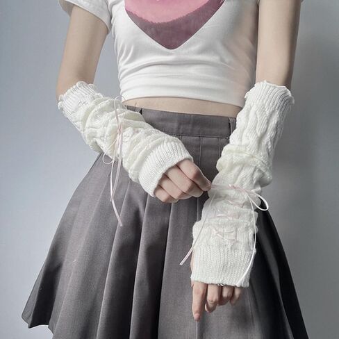 Y2K Knitted Arm Warmers for Women Teen Girls Japanese Kawaii Bow Dec Arm Sleeves Harajuke Lolita Fingerless Gloves in Saudi Arabia