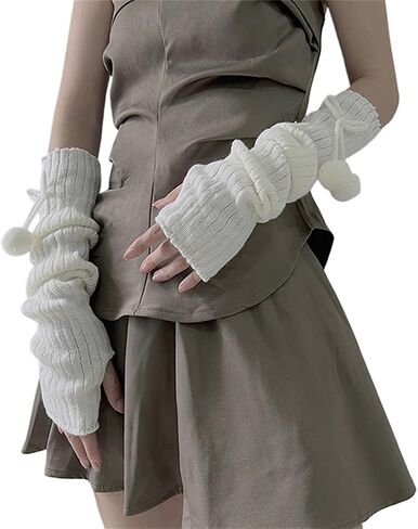 Y2K Knitted Arm Warmers for Women Teen Girls Japanese Kawaii Bow Dec Arm Sleeves Harajuke Lolita Fingerless Gloves in Saudi Arabia