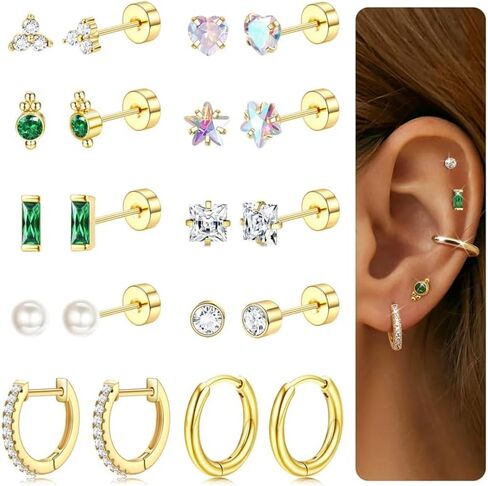 LOYALLOOK Gold Flat Back Earrings for Women Hypoallergenic Surgical Stainless Steel Earrings for Sensitive Ears Cartilage Earring Sets for Multiple Piercing Trendy Flatback Earrings Studs Small Hoop in Saudi Arabia
