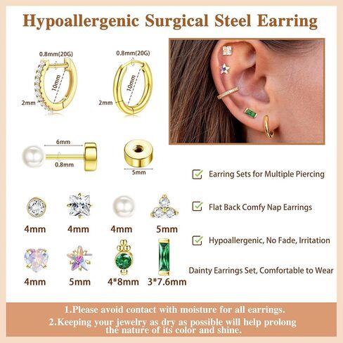 LOYALLOOK Gold Flat Back Earrings for Women Hypoallergenic Surgical Stainless Steel Earrings for Sensitive Ears Cartilage Earring Sets for Multiple Piercing Trendy Flatback Earrings Studs Small Hoop in Saudi Arabia