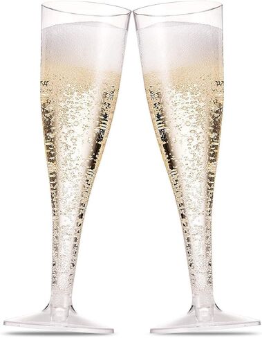 Munfix 100 Pack Plastic Champagne Flutes 5 Oz Silver Glitter Clear Plastic Toasting Glasses Disposable Wedding Thanksgiving Party Cocktail Cups in Saudi Arabia