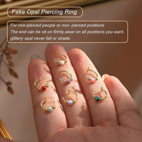 UBGICIG Opal Fake Nose Ring 20G - 14K Gold Nose Ring Faux Nose Rings For Women Fake Nose Piercings Green/Pink/Blue/White/Red/Purple/Dark Green Opal 8mm in Saudi Arabia