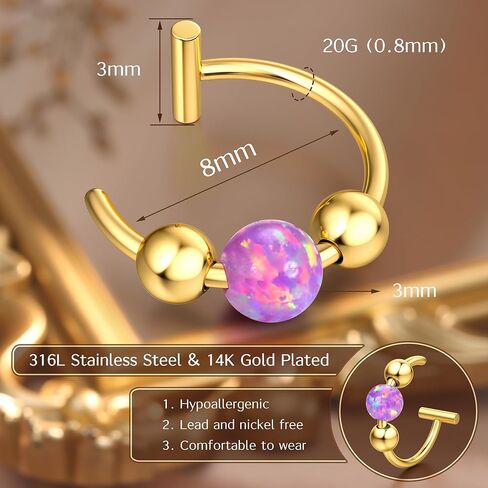 UBGICIG Opal Fake Nose Ring 20G - 14K Gold Nose Ring Faux Nose Rings For Women Fake Nose Piercings Green/Pink/Blue/White/Red/Purple/Dark Green Opal 8mm in Saudi Arabia