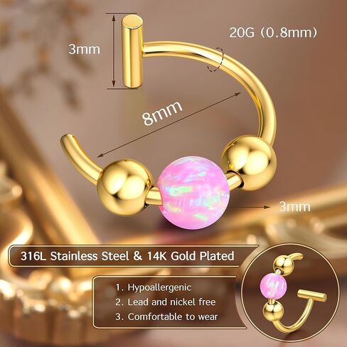 UBGICIG Opal Fake Nose Ring 20G - 14K Gold Nose Ring Faux Nose Rings For Women Fake Nose Piercings Green/Pink/Blue/White/Red/Purple/Dark Green Opal 8mm in Kuwait