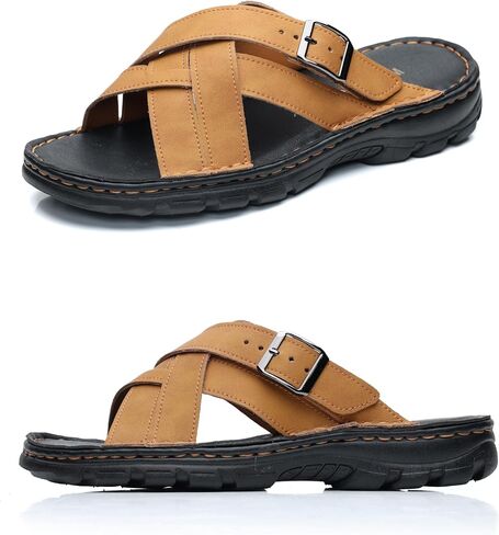 Mggmokay Mens Leather Slides Summer Leather Clipper Anti-slip indlip kondals مع حزام قابل للتعديل in Kuwait