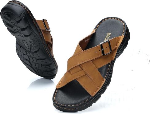 Mggmokay Mens Leather Slides Summer Leather Clipper Anti-slip indlip kondals مع حزام قابل للتعديل in Kuwait
