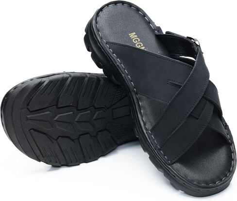 Mggmokay Mens Leather Slides Summer Leather Clipper Anti-slip indlip kondals مع حزام قابل للتعديل in Saudi Arabia