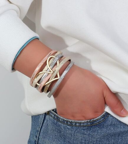hotoo Heart Charm Leather Stackable Bracelets for Women Trendy Love Cuff Wrap Bracelet Christma Jewelry Birthday Anniversary in Saudi Arabia