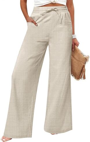 Women's Casual Linen Wide Leg Pants with Pockets Boho Palazzo High Waisted Drawstring Lounge Trousers in Saudi Arabia