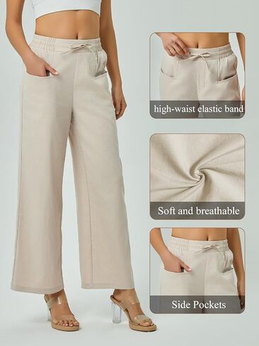 Women's Casual Linen Wide Leg Pants with Pockets Boho Palazzo High Waisted Drawstring Lounge Trousers in Saudi Arabia