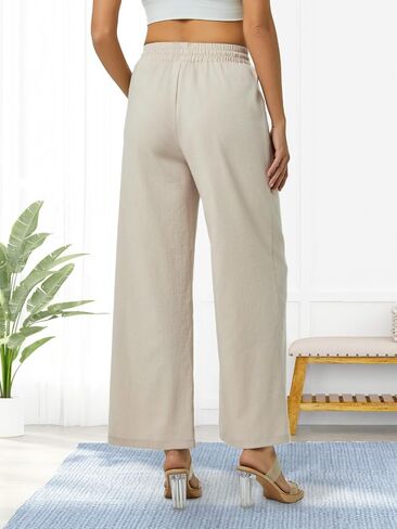 Women's Casual Linen Wide Leg Pants with Pockets Boho Palazzo High Waisted Drawstring Lounge Trousers in Saudi Arabia