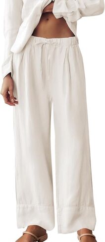 Ainangua Women Linen Palazzo Pants Casual Elasticated Drawstring Waist Wide Leg Trousers Trendy Beach Travel Outfits in Saudi Arabia
