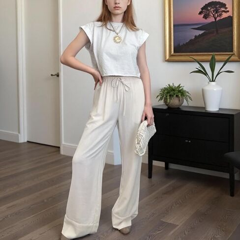 Ainangua Women Linen Palazzo Pants Casual Elasticated Drawstring Waist Wide Leg Trousers Trendy Beach Travel Outfits in Saudi Arabia