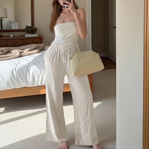 Ainangua Women Linen Palazzo Pants Casual Elasticated Drawstring Waist Wide Leg Trousers Trendy Beach Travel Outfits in Saudi Arabia