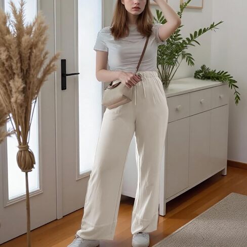Ainangua Women Linen Palazzo Pants Casual Elasticated Drawstring Waist Wide Leg Trousers Trendy Beach Travel Outfits in Saudi Arabia