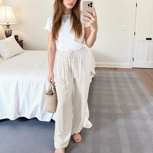 Ainangua Women Linen Palazzo Pants Casual Elasticated Drawstring Waist Wide Leg Trousers Trendy Beach Travel Outfits in Saudi Arabia