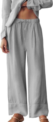 Ainangua Women Linen Palazzo Pants غير الرسمي مرنة الخصر على عريض الساق بنطلون سفر شاطئ عصري in Kuwait
