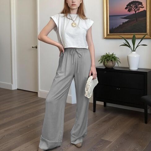 Ainangua Women Linen Palazzo Pants غير الرسمي مرنة الخصر على عريض الساق بنطلون سفر شاطئ عصري in Kuwait