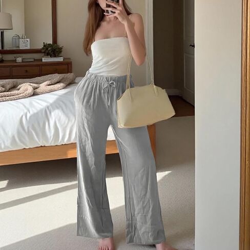 Ainangua Women Linen Palazzo Pants غير الرسمي مرنة الخصر على عريض الساق بنطلون سفر شاطئ عصري in Kuwait