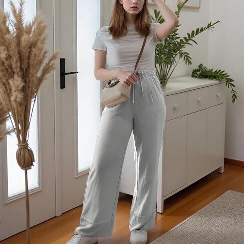 Ainangua Women Linen Palazzo Pants غير الرسمي مرنة الخصر على عريض الساق بنطلون سفر شاطئ عصري in Kuwait