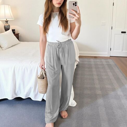 Ainangua Women Linen Palazzo Pants غير الرسمي مرنة الخصر على عريض الساق بنطلون سفر شاطئ عصري in Kuwait