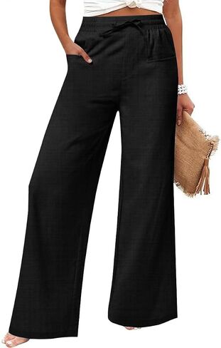 Women's Casual Linen Wide Leg Pants with Pockets Boho Palazzo High Waisted Drawstring Lounge Trousers in Saudi Arabia