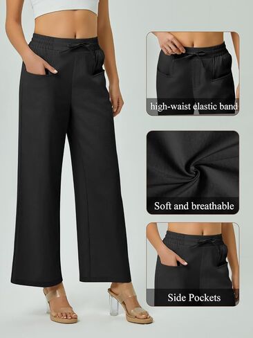 Women's Casual Linen Wide Leg Pants with Pockets Boho Palazzo High Waisted Drawstring Lounge Trousers in Saudi Arabia