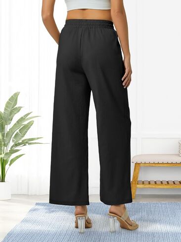 Women's Casual Linen Wide Leg Pants with Pockets Boho Palazzo High Waisted Drawstring Lounge Trousers in Saudi Arabia