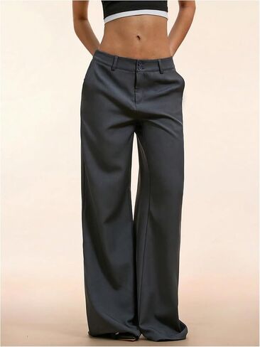 GORGLITTER Women's Low Rise Dress Pants Dressy Casual Low Waisted Wide Leg Straight Trousers Capri Pants Work Business in Kuwait