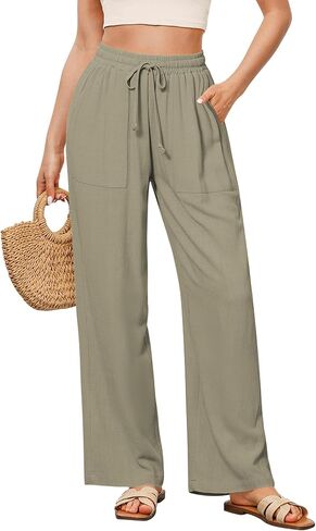 GRAPENT Linen Pants for Women Wide Leg High Waisted Baggy Drawstring Elastic Waist Palazzo Trousers Pants with Pockets in Saudi Arabia