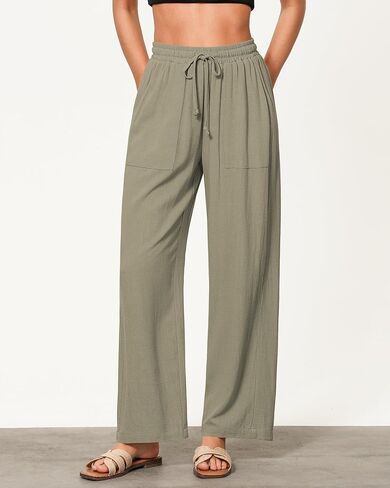 GRAPENT Linen Pants for Women Wide Leg High Waisted Baggy Drawstring Elastic Waist Palazzo Trousers Pants with Pockets in Saudi Arabia