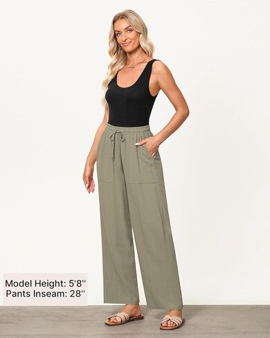 GRAPENT Linen Pants for Women Wide Leg High Waisted Baggy Drawstring Elastic Waist Palazzo Trousers Pants with Pockets in Saudi Arabia