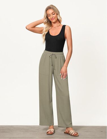 GRAPENT Linen Pants for Women Wide Leg High Waisted Baggy Drawstring Elastic Waist Palazzo Trousers Pants with Pockets in Saudi Arabia